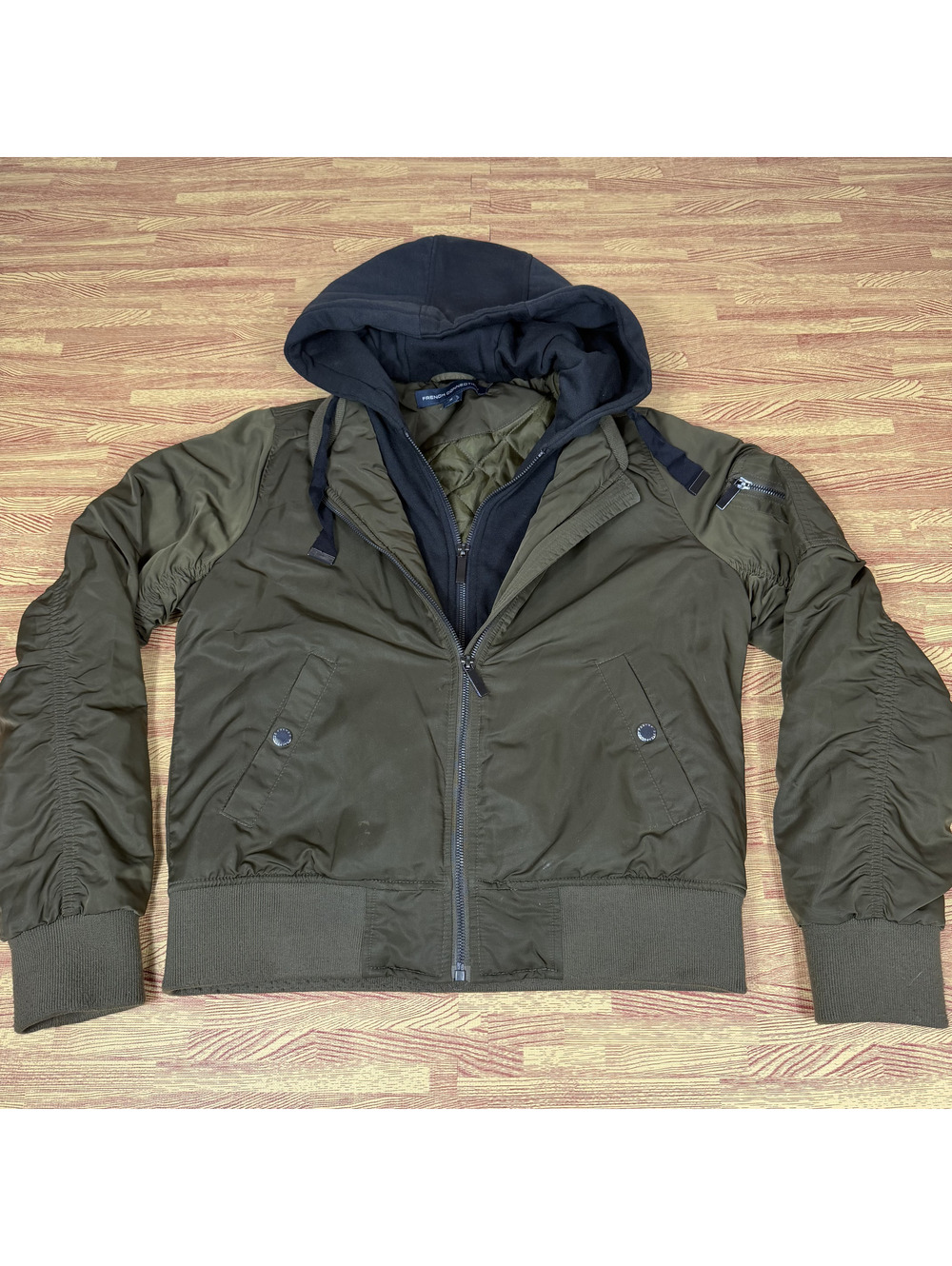 French Connection Womens Bomber Jacket Medium Olive Green Ruched Sleeve Hooded